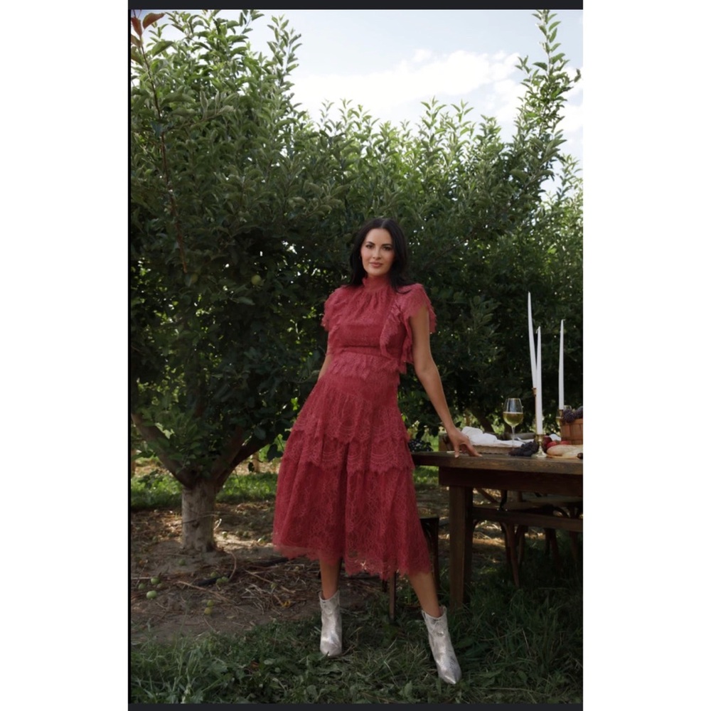 EYELASH-LACE MIDI-DRESS IN RUST - Picture 2 of 11
